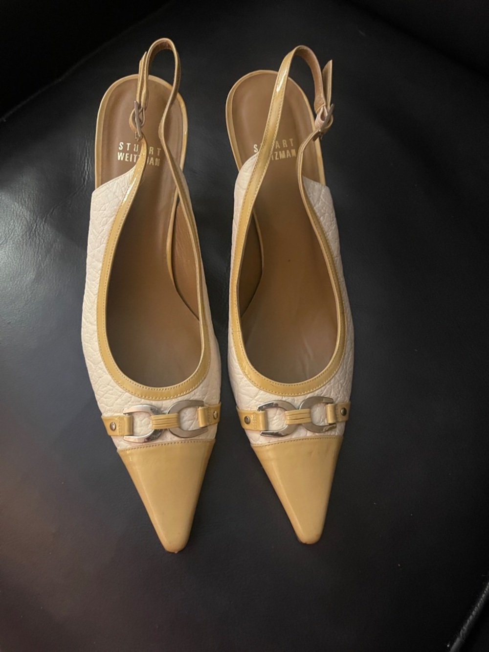 Stuart Weitzman Cream and Tan Pointed Slingback Flats with Metal Link